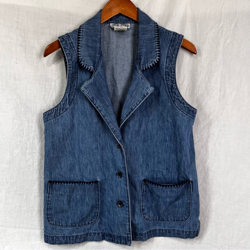 Vintage 90s Gotcha Covered Denim Vest Women S Blue Chambray Faded Western USA